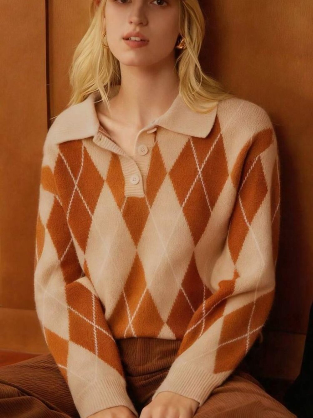 French Argyle Plaid Polo Collar Colorblock Knit Sweater - Button Down Pullover